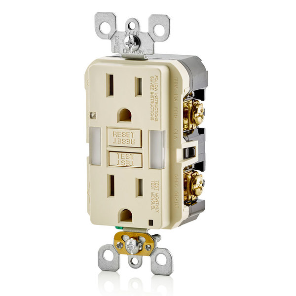 Leviton GFCI Receptacle, 15A, 125Vac, 5-15R, Almond GFNL1-T